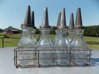 Vintage Huffman Oil Bottles/ Rack Of 8 With Traditional Spouts