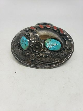 Vintage Turquoise And Coral Sterling Belt Buckle Navajo Mexican Sterling Gomez
