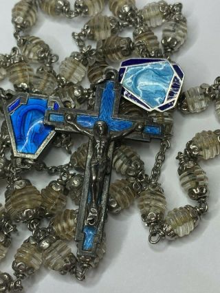 † Rare Vintage Sterling & Blue Guilloche Enamel Honey Hive Glass Beads Rosary †