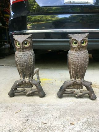 Vintage Cast Iron Owl Andirons Amber Glass Eyes Fireplace Decor