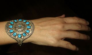 Vintage American Indian Navajo Sterling Old Pawn Silver Turquoise Cuff Bracelet