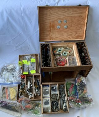 Vintage Wood Custom Made Tackle Box Full Of Fishing Lures Hooks Weights,