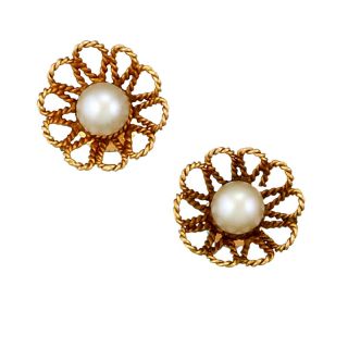 Vintage 18k Rose Gold Pearl Stud Flower Earrings 6mm Pearl Centers