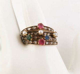 Vintage 18k Yellow Gold Diamond Ruby Pearl Sapphire Emerald 4 Band Ring Sze 6.  25