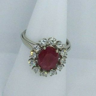 Vintage 14k White Gold Oval Natural Ruby & Diamond Cluster Cocktail Ring S 7.  25