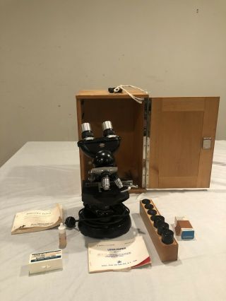 Vintage Binocular Zeiss Microscope With Wooden Carrying Case