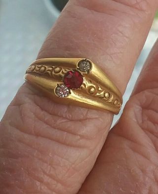 Antique Victorian French 18k Gold Ring With Ruby & Diamonds - - Eagle Hallmark