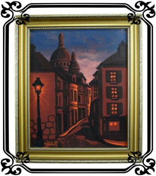 Vintage French Oil Painting By N.  Riaboff Paris By Night Sacred Heart