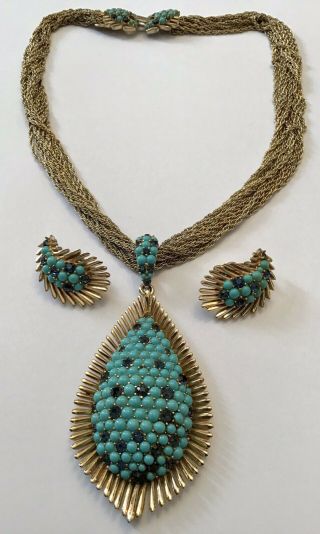 Vintage Crown Trifari Signed Turquoise Blue Rhinestone Necklace & Earrings