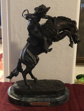 Vintage " Bronco Buster " Solid Bronze Cowboy Sculpture By Frederic Remington