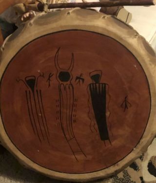 Vintage Native American Leather Drum With Design Spirits Drum Size 15.  5 Diameter