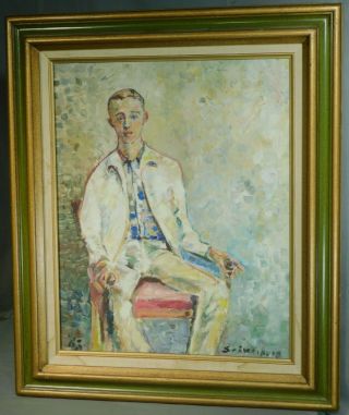 Vintage Modern Pointillist Oil Painting Portrait Handsome Blonde Young Man 1963