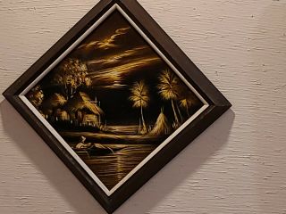 RARE 3 Vtg Black Velvet Paintings Tropical Coast Moonlight Grass Hut MCM Tiki 3