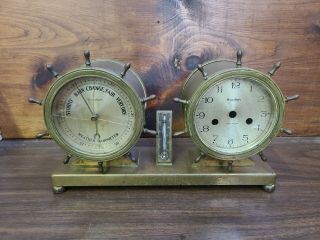 Vintage Brass Waterbury Ships Wheel Clock Barometer Thermometer Nautical