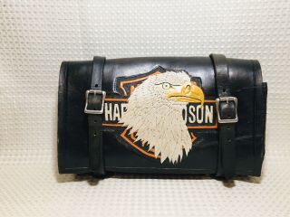 Vtg Harley Davidson Leather Fork Bag Tool Pouch Tooled Hand Painted Bald Eagle
