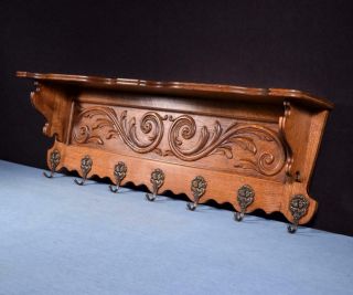 39 " Vintage French Oak Coat Rack/wood Shelf With Brass Hooks