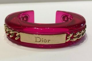Rare Christian Dior Vintage Pink Lucite Cuff With Gold Plate And Chain Bracelet