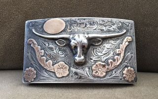 Old Vintage Signed Mexico Sterling Silver 10k Gold Ruby Eye Longhorn Belt Buckle