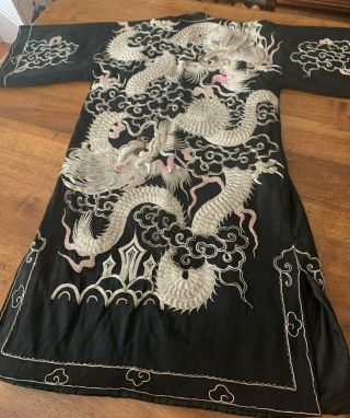 Vintage 1945 Embroidered Silver Thread Silk Chinese Ceremonial Robe