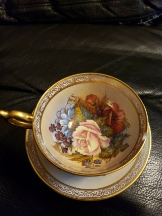 Vintage Aynsley China Teacup And Saucer Cabbage Rose Gold Signed J.  A.  Bailey
