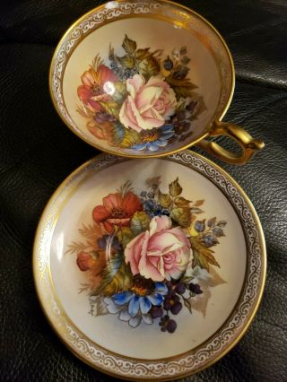 VINTAGE AYNSLEY CHINA TEACUP AND SAUCER CABBAGE ROSE GOLD SIGNED J.  A.  BAILEY 3