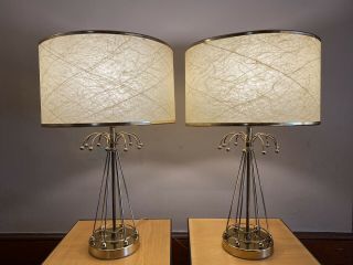 Vintage Mid Century Atomic Sputnik Brass Starburst Table Lamps W/original Shades