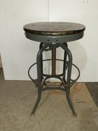 Antique Toledo Wood& Metal Industrial Drafting Stool Vtg Adjustable Swivel Chair