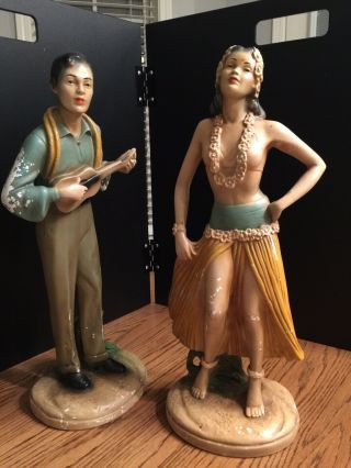 Vintage Chalkware Hawaiian Hula Girl And Hawaiian Guitar Player Figurines