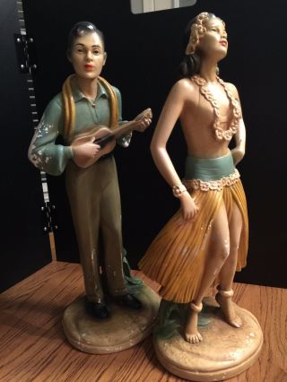 vintage chalkware Hawaiian hula girl and Hawaiian guitar player figurines 2