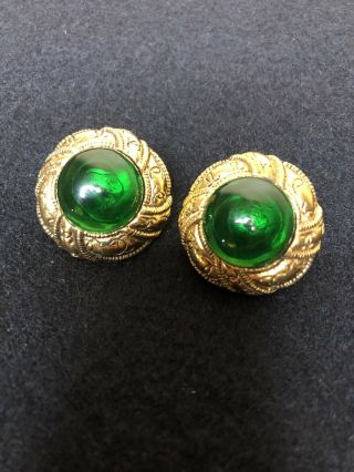 Vintage Chanel Clip On Earrings Gold Cc Logo Metal With Green Glass Stone
