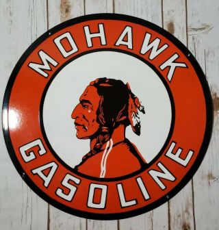 Vintage Mohawk Gasoline Double Sided Porcelian Metal Gas & Oil Pump Station Sign