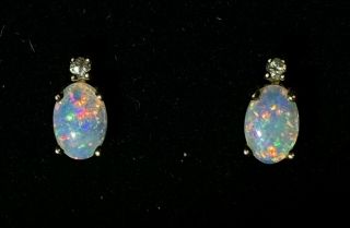 Gorgeous Vintage Heirloom Natural Opal 14k Yellow Gold And Diamond Stud Earrings