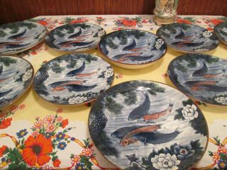 Vintage Set Of 10 Japanese Art Plate Koi Fish Blue Made In Japan Dinner Party