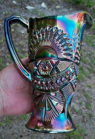 Rare Antique Vintage Blue Carnival Glass Rising Sun Juice Pitcher Unknown Maker