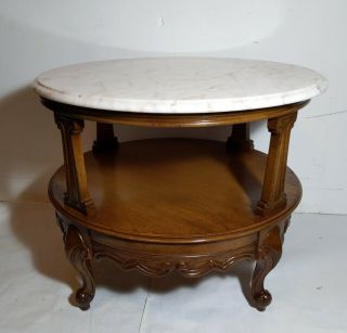 Weiman Vintage Round Pink Marble Top Table Wood Base Portugal French Provincial