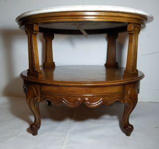 Weiman Vintage Round Pink Marble Top Table Wood Base Portugal French Provincial 2