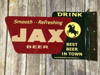 Vintage Jax Beer Two Sided Flanged Porcelain Metal Gasoline & Oil Shop Ads Sign