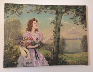 Vintage Oil On Canvas Painting Girl With Flowers Landscape Signed Illencz