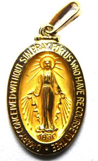 Vintage 14k Solid Gold Virgin Mary Miraculous Oval Pendant