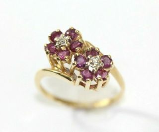 Vintage 14k Yellow Gold - Diamond - Ruby Womens " Flower " Ring: Size 6.  25,  3.  1 Grams