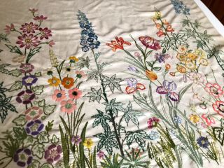 Vintage Very Large Hand Embroidered Natural Linen Panel Cottage Garden Flowers