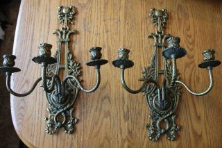 2 Antique French Sconces Candle Holder Bird Bow Brass Bronze Vintage No Crystals