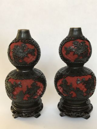 Vintage Mirror Images Black And Red Cinnabar Vases On Wood Stands
