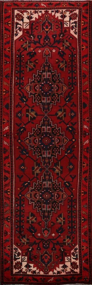 Vintage Traditional Geometric Hamedan Runner Rug Hand - Knotted Wool Carpet 3 
