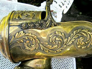Old Antique Victorian Embossed Brass Coal Log Scuttle And Shovel C1885