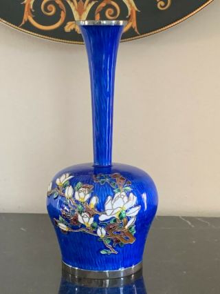 Fine Vintage 99 Silver Korean Blue Cloisonne Vase With Enamel Floral Decoration