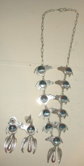 Vintage Navajo sterling silver bear fetish turquoise coral necklace earrings set 2
