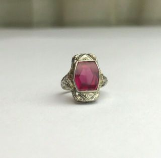 Solid 14k White Gold Antique Art Deco 3ct Synthetic Ruby Filigree Ring 2.  6 G