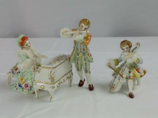 Vtg Antique Mz Dresden Ireland 3 Porcelain Lace Figurines Band Piano Cello Flute