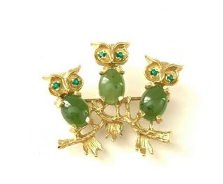 Vintage 14k Yellow Gold Owl On Branch Lapel Brooch Pin With Dark Green Jade